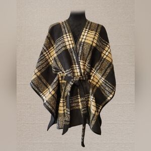 RACHEL Rachel Roy Black Beige Plaid Fleece Poncho Tie Waist NWT S/M